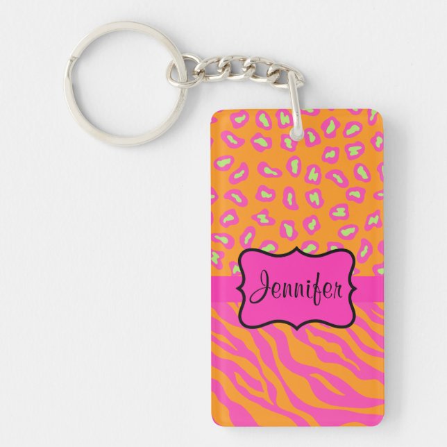 Orange & Pink Zebra & Cheetah Personalised Key Ring (Front)