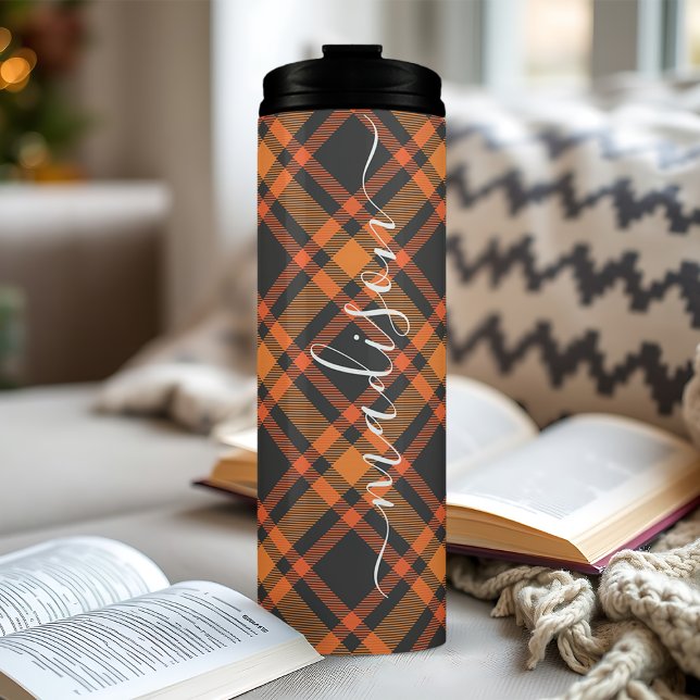 Orange Plaid Autumn Fall Signature Script Name Thermal Tumbler (Creator Uploaded)