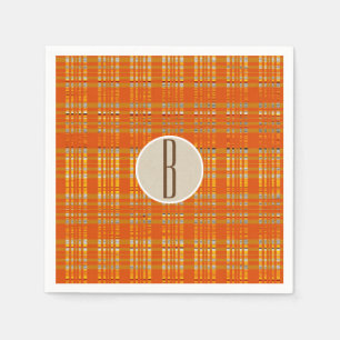 Orange Plaid & Brown Kraft Rustic Monogram Initial Napkin