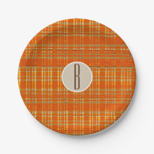 Orange Plaid & Brown Kraft Rustic Monogram Initial Paper Plate