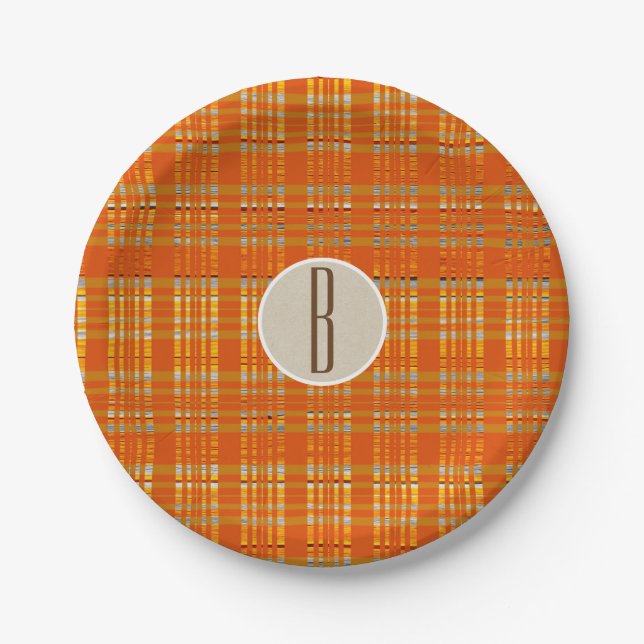Orange Plaid & Brown Kraft Rustic Monogram Initial Paper Plate (Front)
