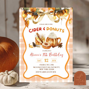 Orange Plaid Cider and Doughnuts Fall Birthday Invitation