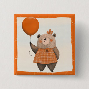Orange Plaid Dress Bear with Hair Bow 15 Cm Square Badge