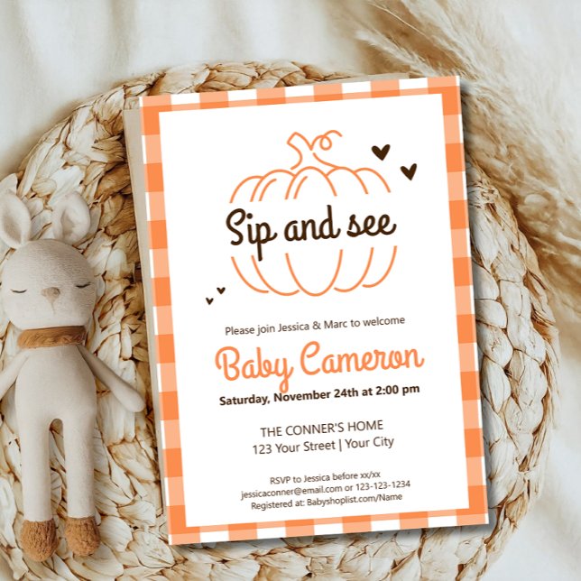 Orange Plaid Fall Pumpkin Sip And See Meet Greet Invitation (Creator Uploaded)