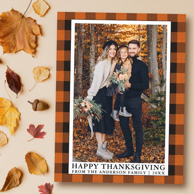 Orange Plaid Family Photo Happy Thanksgiving Postcard (Customize to change text size or text style.)