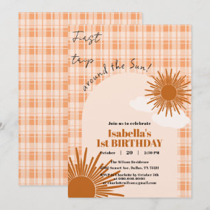 Orange Plaid First Trip Around The Sun Birthday Invitation
