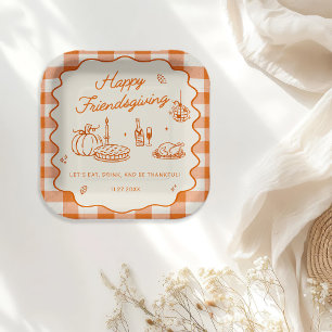 Orange Plaid Friendsgiving Dinner Paper Plate