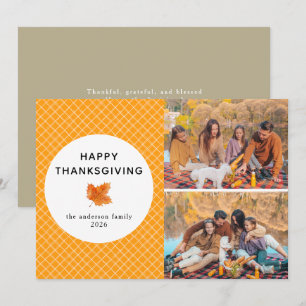 Orange Plaid Happy Thanksgiving Autumn 2 Photo Holiday Card
