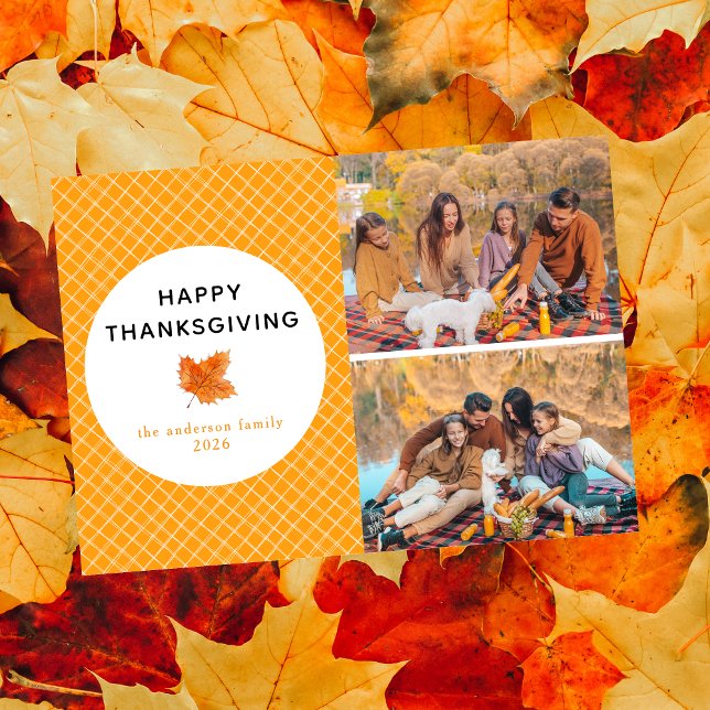 Orange Plaid | Happy Thanksgiving Autumn 2 Photo Holiday Card (Creator Uploaded)
