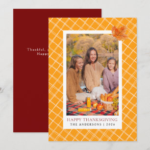 Orange Plaid Happy Thanksgiving Autumn Photo Holiday Card