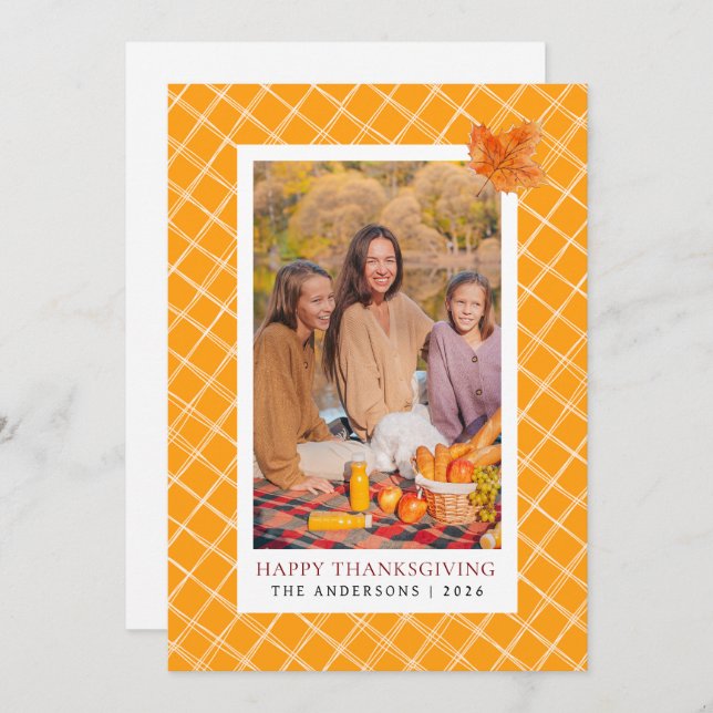 Orange Plaid | Happy Thanksgiving Autumn Photo Holiday Card (Front/Back)