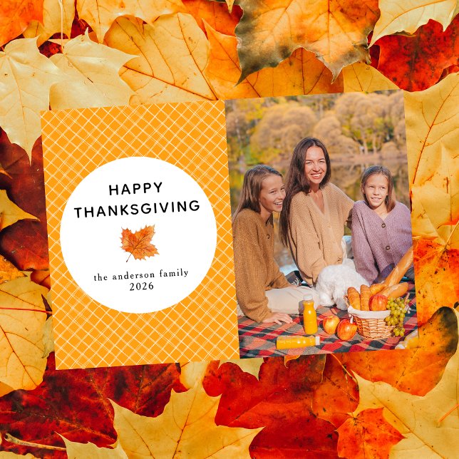 Orange Plaid | Happy Thanksgiving Autumn Photo Holiday Card (Creator Uploaded)