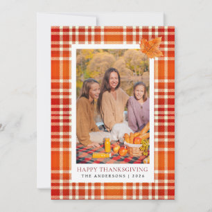 Orange Plaid Happy Thanksgiving Autumn Photo Holiday Card