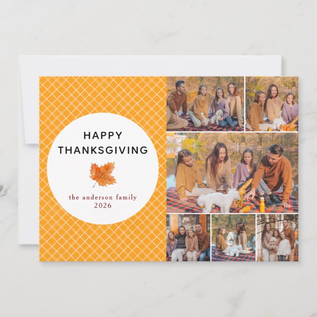 Orange Plaid | Happy Thanksgiving Autumn Photo Holiday Card (Front)