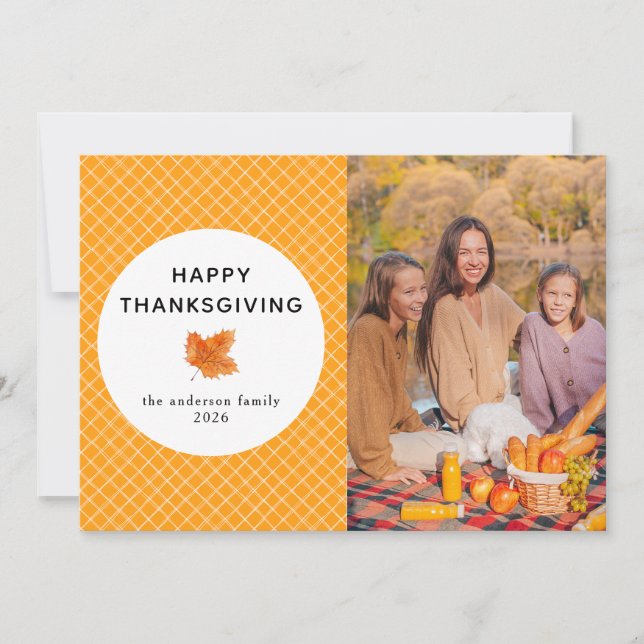 Orange Plaid | Happy Thanksgiving Autumn Photo Holiday Card (Front)