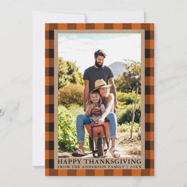 Orange Plaid Kraft Happy Thanksgiving Family Photo Holiday Card (Front)