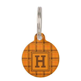 Orange Plaid Pattern Checkered Tartan Monogram Pet Tag