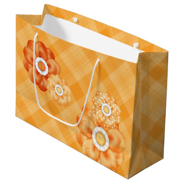 ORANGE PLAID PATTERN WITH ORANGE FLOWERS LARGE GIFT BAG (Front Angled)