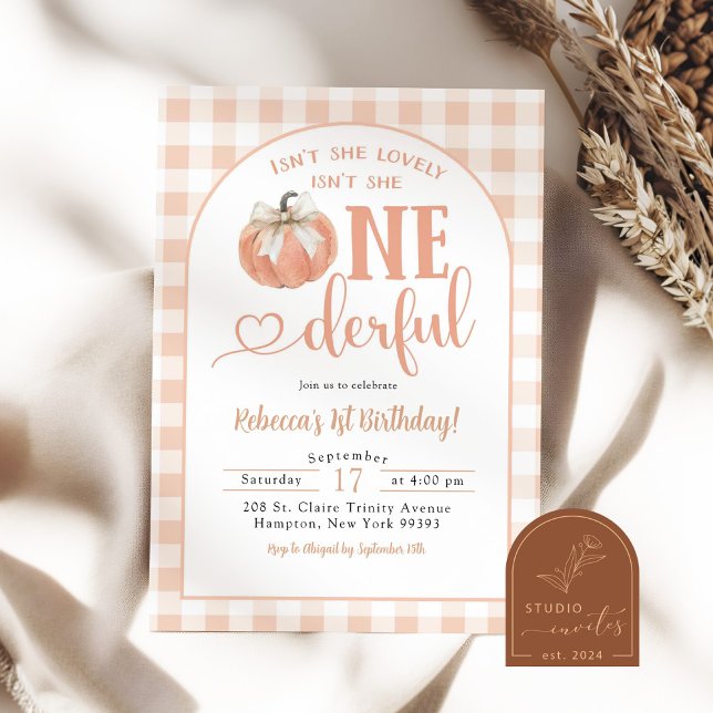 Orange Plaid Preppy Pumpkin Onederful 1st Birthday Invitation (Creator Uploaded)