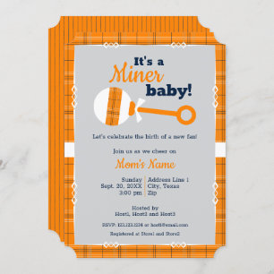 Orange Plaid Rattle Miner Baby Shower Invitation