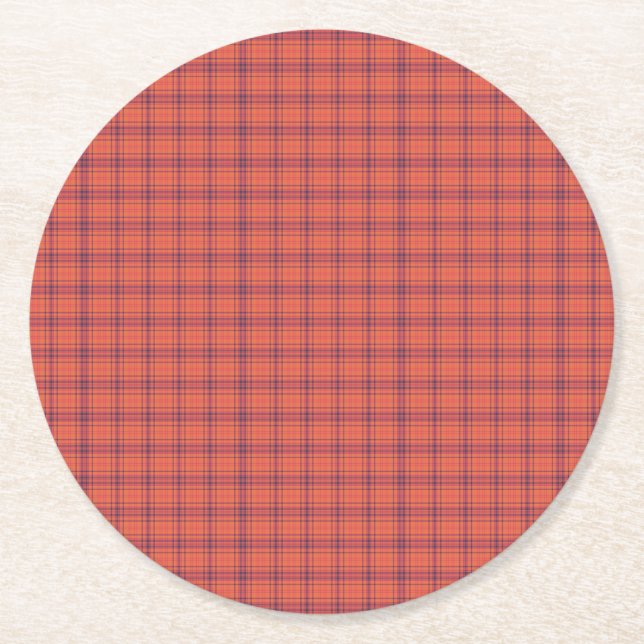 Orange Plaid Round Paper Coaster (Front)