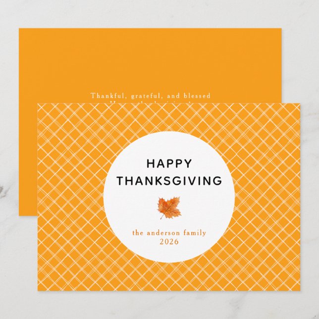  Orange Plaid Simple Happy Thanksgiving Autumn Holiday Card (Front/Back)
