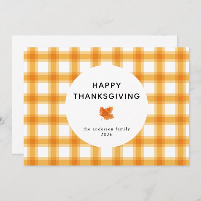  Orange Plaid Simple Happy Thanksgiving Autumn Holiday Card (Front/Back)
