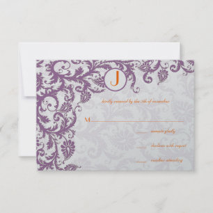 Orange Plum Damask Monogram Wedding Invitation
