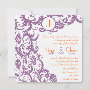 Orange Plum Damask Monogram Wedding Invitation