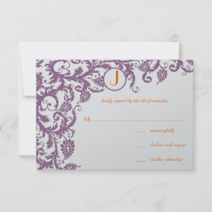 Orange Plum Damask Monogram Wedding Invitation