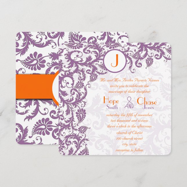 Orange Plum Damask Monogram Wedding Invitation (Front/Back)