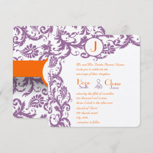 Orange Plum Damask Monogram Wedding Invitation