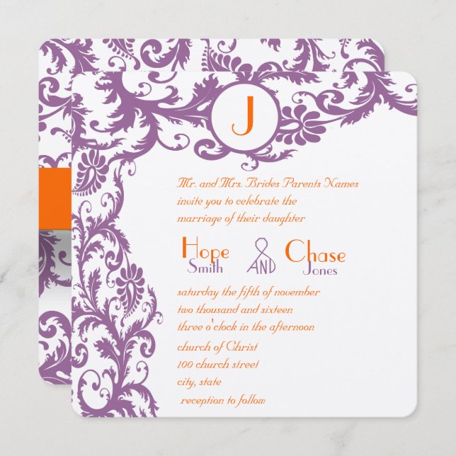 Orange Plum Damask Monogram Wedding Invitation (Front/Back)
