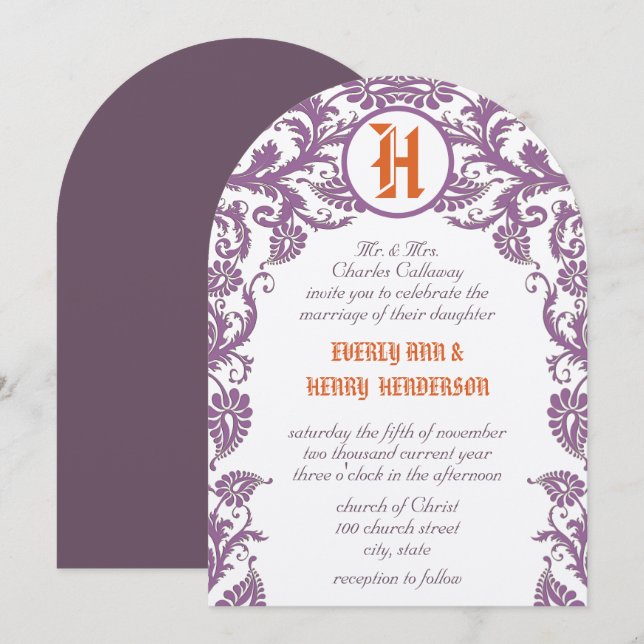 Orange Plum Damask Monogram Wedding Invitation (Front/Back)
