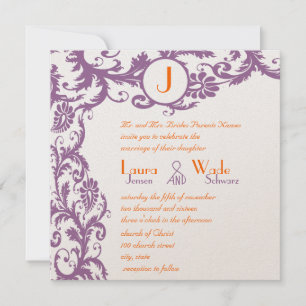 Orange Plum Damask Monogram Wedding Invitation