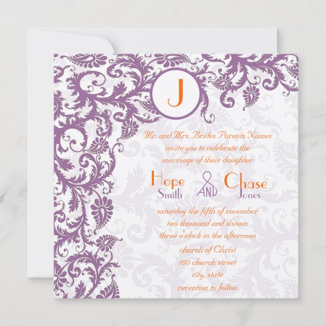 Orange Plum Damask Monogram Wedding Invitation (Front)