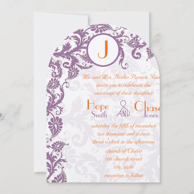 Orange Plum Damask Monogram Wedding Invitation (Front)