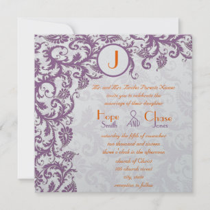 Orange Plum Damask Monogram Wedding Invitation