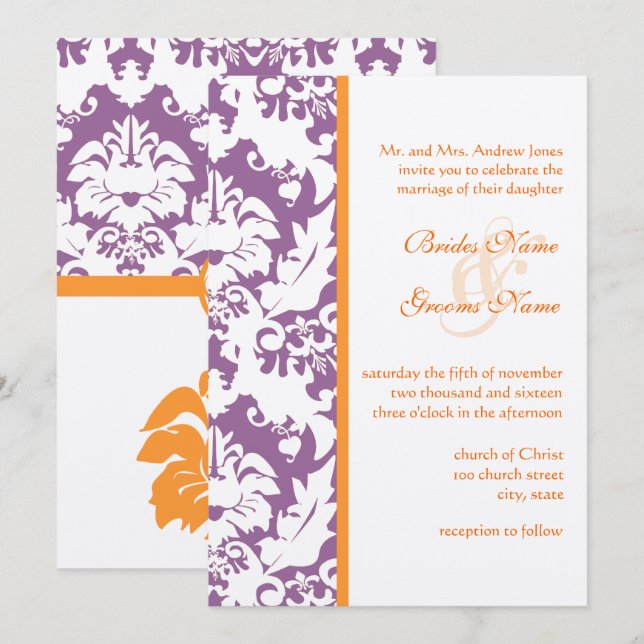 Orange & Plum Damask Wedding Invitations (Front/Back)