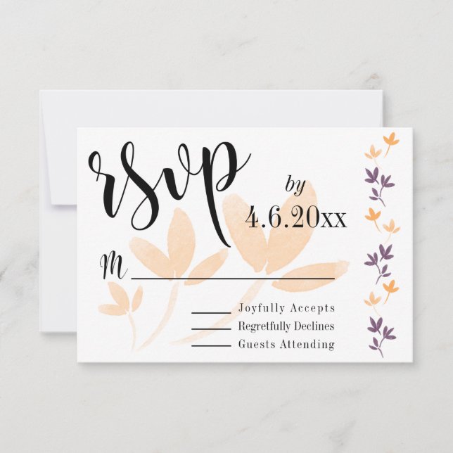 Orange & Plum Leaves Pretty Typography RSVP Card (Front)