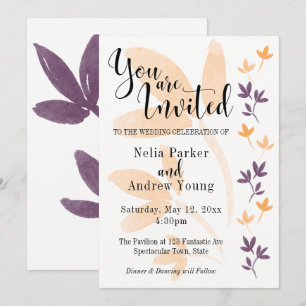 Orange & Plum Leaves Pretty Typography Wedding Invitation