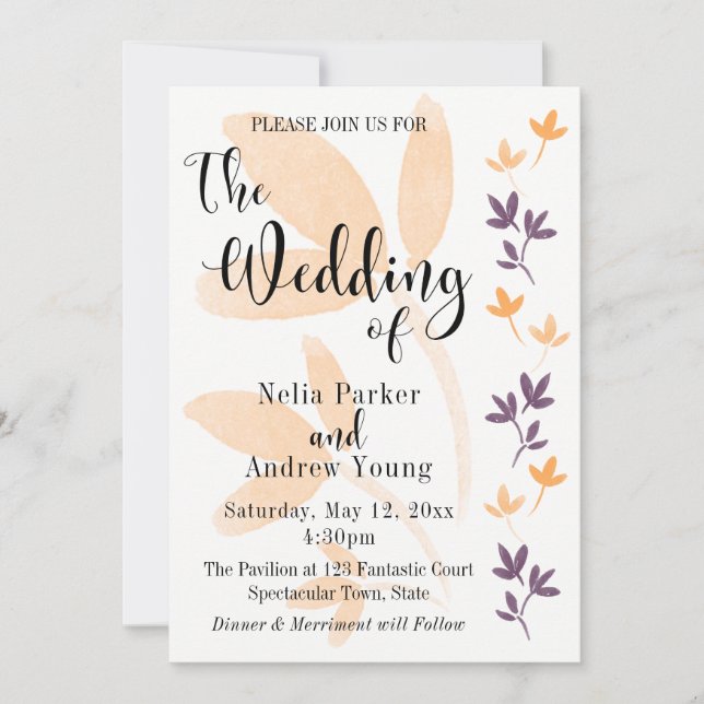 Orange & Plum Leaves Pretty Typography Wedding Invitation (Front)