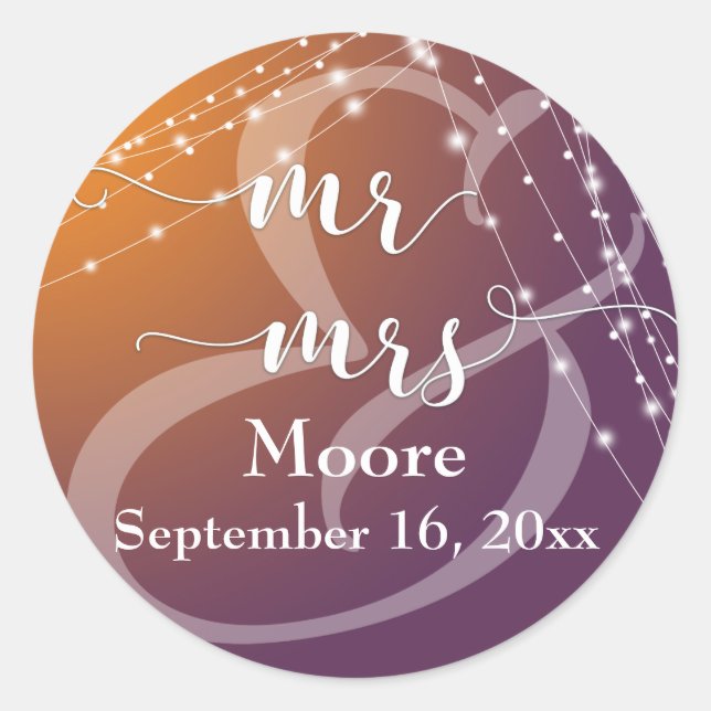 Orange Plum Ombre & Light Strings Mr & Mrs Classic Round Sticker (Front)
