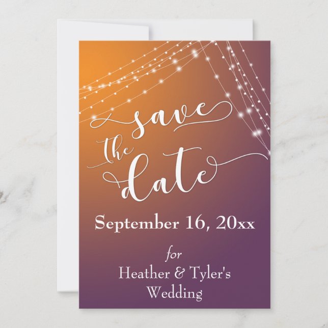 Orange Plum Ombre & Light Strings Save the Date (Front)
