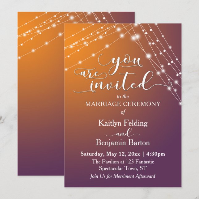 Orange Plum Ombre & Light Strings Wedding Invitation (Front/Back)
