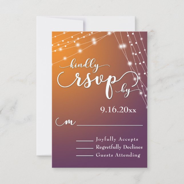 Orange Plum Ombre & Light Strings Wedding RSVP Card (Front)