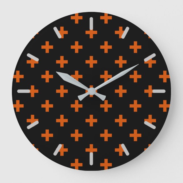 Orange polka crosses on black large clock (Front)