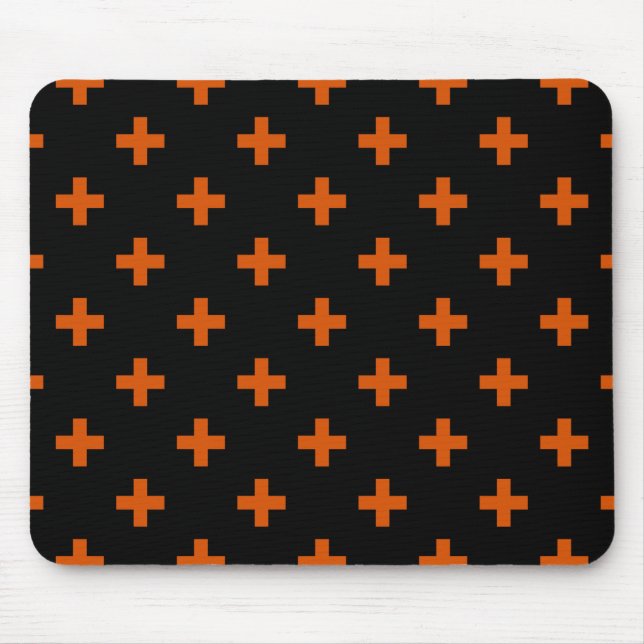 Orange polka crosses on black mouse mat (Front)
