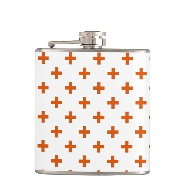Orange polka crosses on white hip flask (Front)