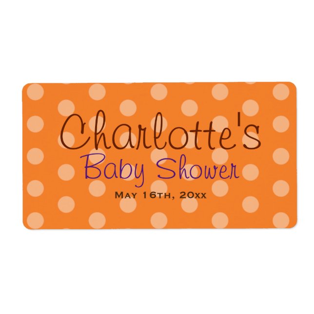 Orange Polka Dot Baby Shower Water Bottle Labels (Front)